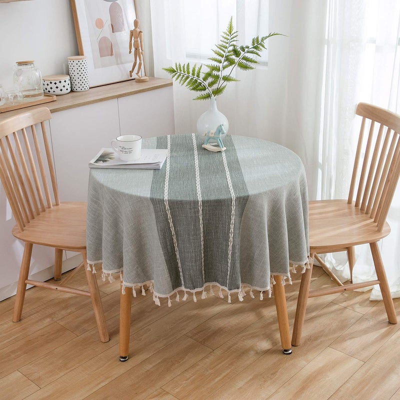 Dimatic Heavy Weight Cotton Linen Tablecloth - Round 60 Inch Tablecloth - Tassel Stitching Table Cover for Kitchen Dining Room Tabletop Decoration - Gray - Image 2